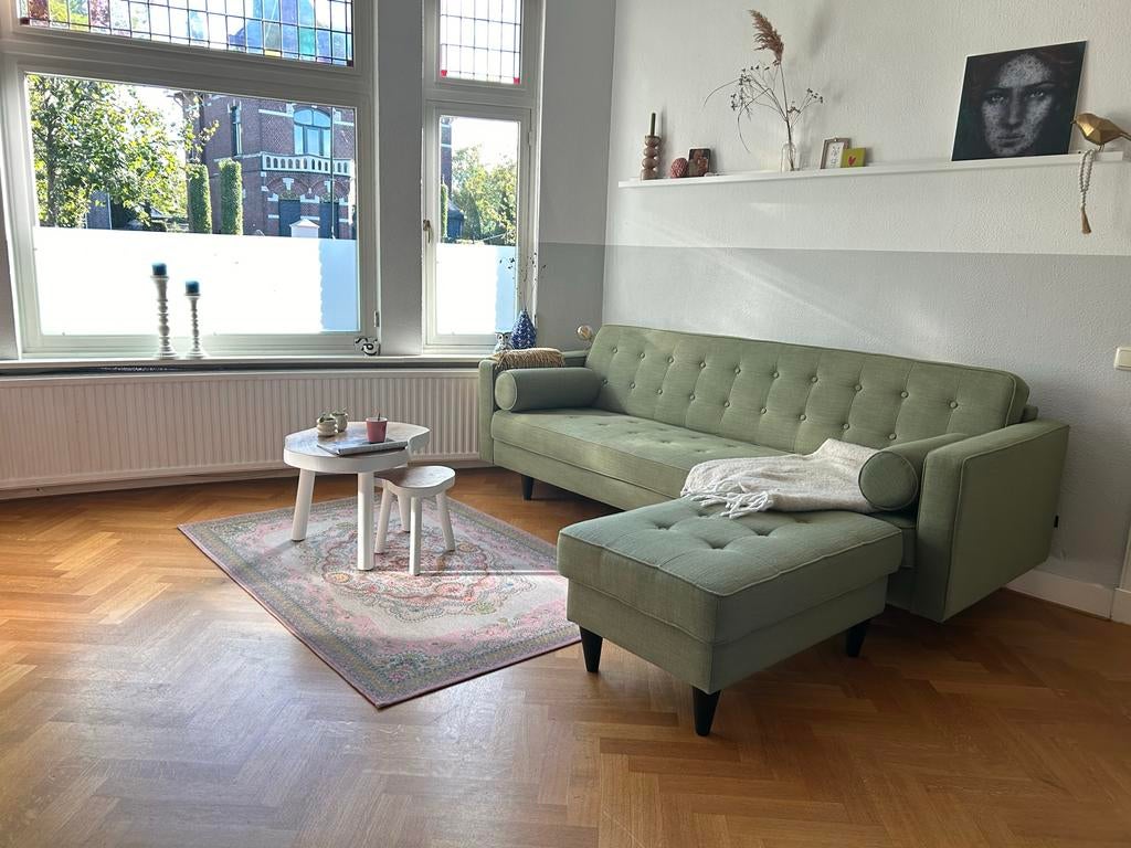 Binnenkort: Trendhopper bank groen met hocker, Huis en Inrichting, Banken | Bankstellen, Ophalen, Gebruikt, Driepersoons, 75 tot 100 cm