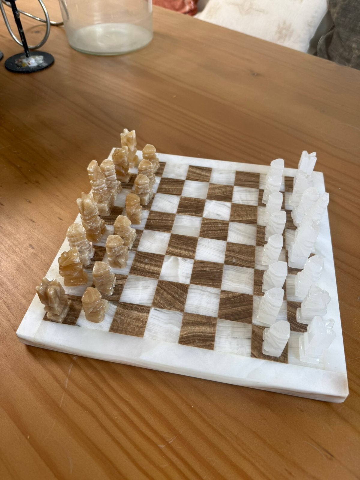 Vintage onyx marmer schaakbord compleet, Ophalen, Gebruikt