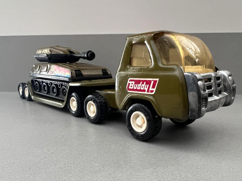 BUDDY L ARMY TRANSPORTER / LOWLOADER & TANK, Ophalen of Verzenden, Gebruikt, Overige typen, Overige merken