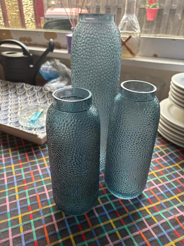 Set van 3 glazen vazen met bubbeltextuur, Huis en Inrichting, Woonaccessoires | Vazen, Ophalen, Zo goed als nieuw, Overige kleuren