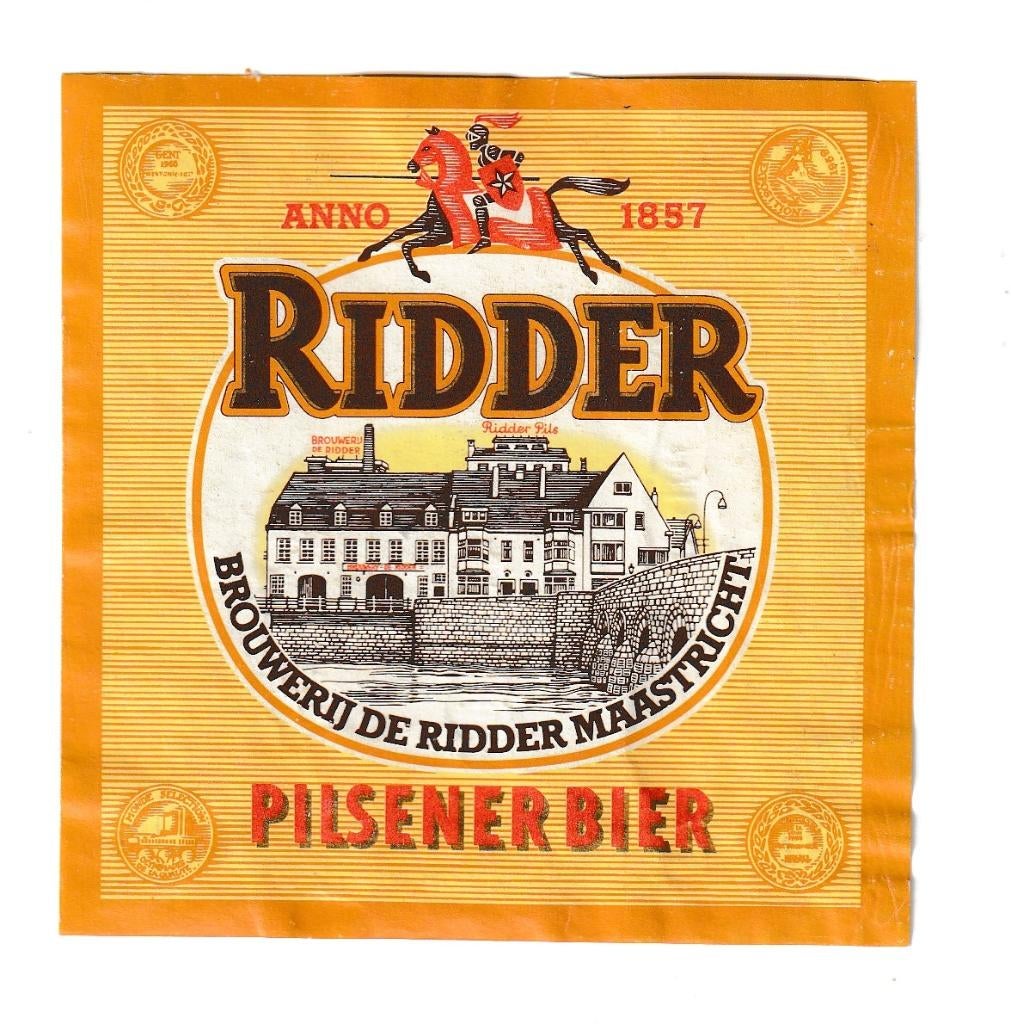 Bieretiket Ridder Pilsener Bier - De Ridder Maastricht, Verzamelen, Ophalen of Verzenden, Zo goed als nieuw, Overige typen, Overige merken