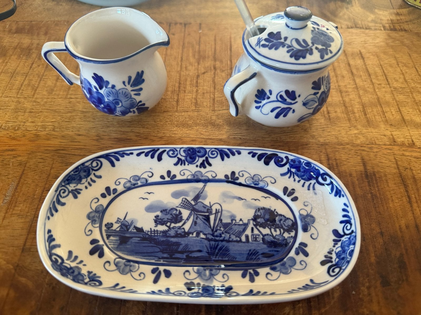 Delfts Blauw Melkkan, Suikerpot en Schaal - Handbeschilderd, Ophalen of Verzenden