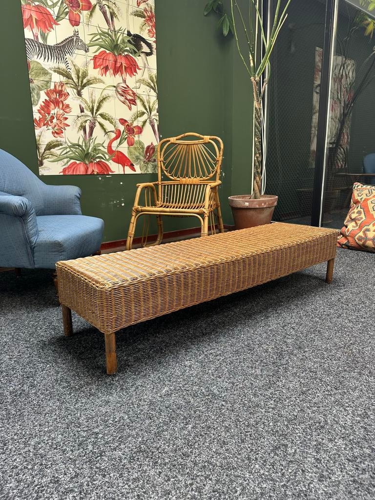 Vintage rotan bankje/salontafel - Jaren '70 stijl, Huis en Inrichting, Tafels | Salontafels, Overige materialen, Gebruikt, 150 tot 200 cm