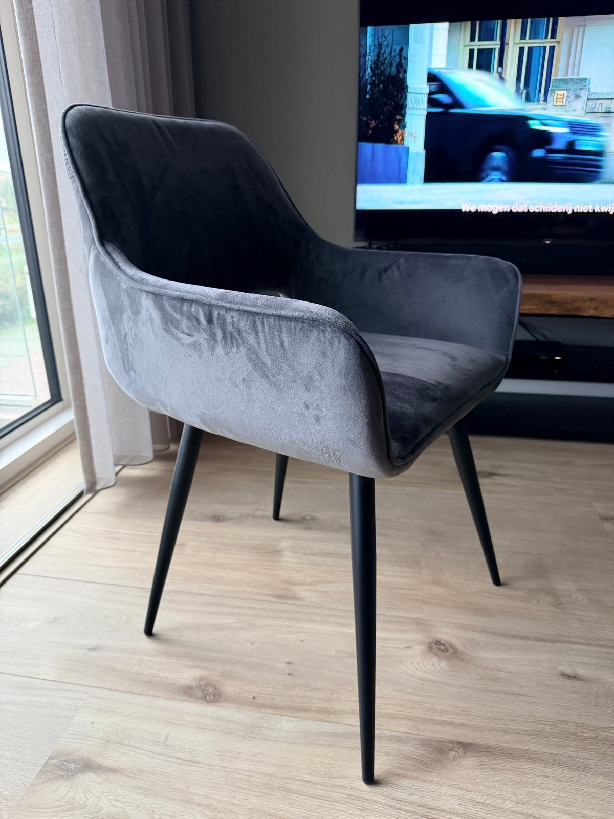 Eetkamer stoelen velour grijs 4x zgn, Ophalen, Zo goed als nieuw, Vier, Stof