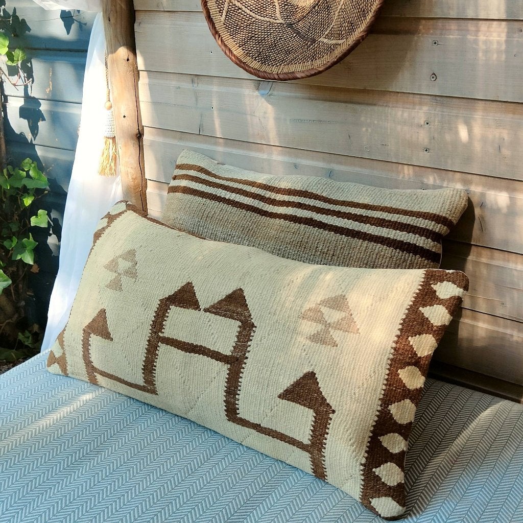 Kelimkussen 40x80 Vintage Boho crème bruin Rugkussen Lounge, Yazgibi, Handgemaakt, Nieuw, Sierkussen