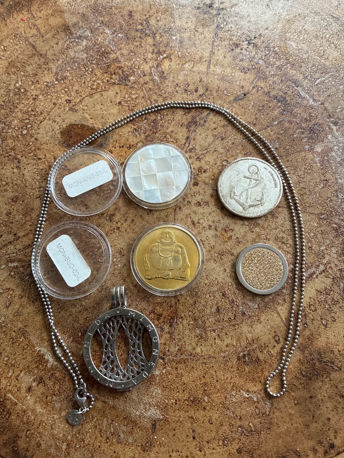 Zilveren ketting mi moneda met verwisselbare munten/hangers, Ophalen of Verzenden, Gebruikt, Zilver, Met hanger