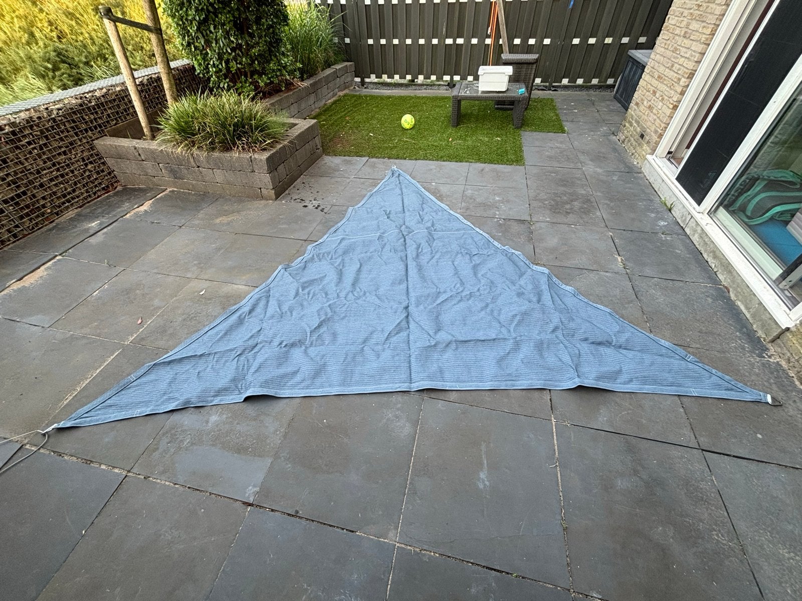 Schaduwdoek Driehoek 3,5m x 3,5m x 3,5m, Lichtblauw, Tuin en Terras, Zonneschermen, Ophalen, Overige typen, Zo goed als nieuw