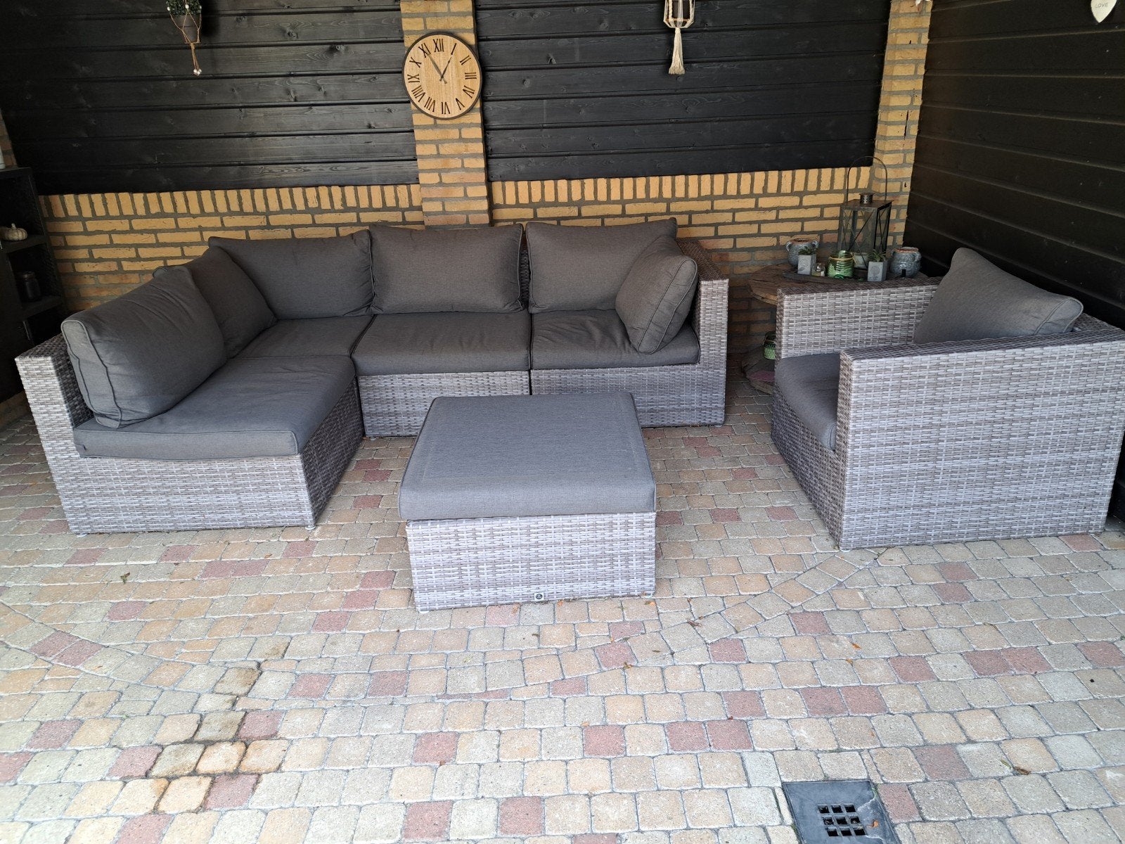 Loungebank met fauteuil en hocker.r - Wicker grijs, Tuin en Terras, Ophalen, 5 zitplaatsen, Gebruikt, Loungeset
