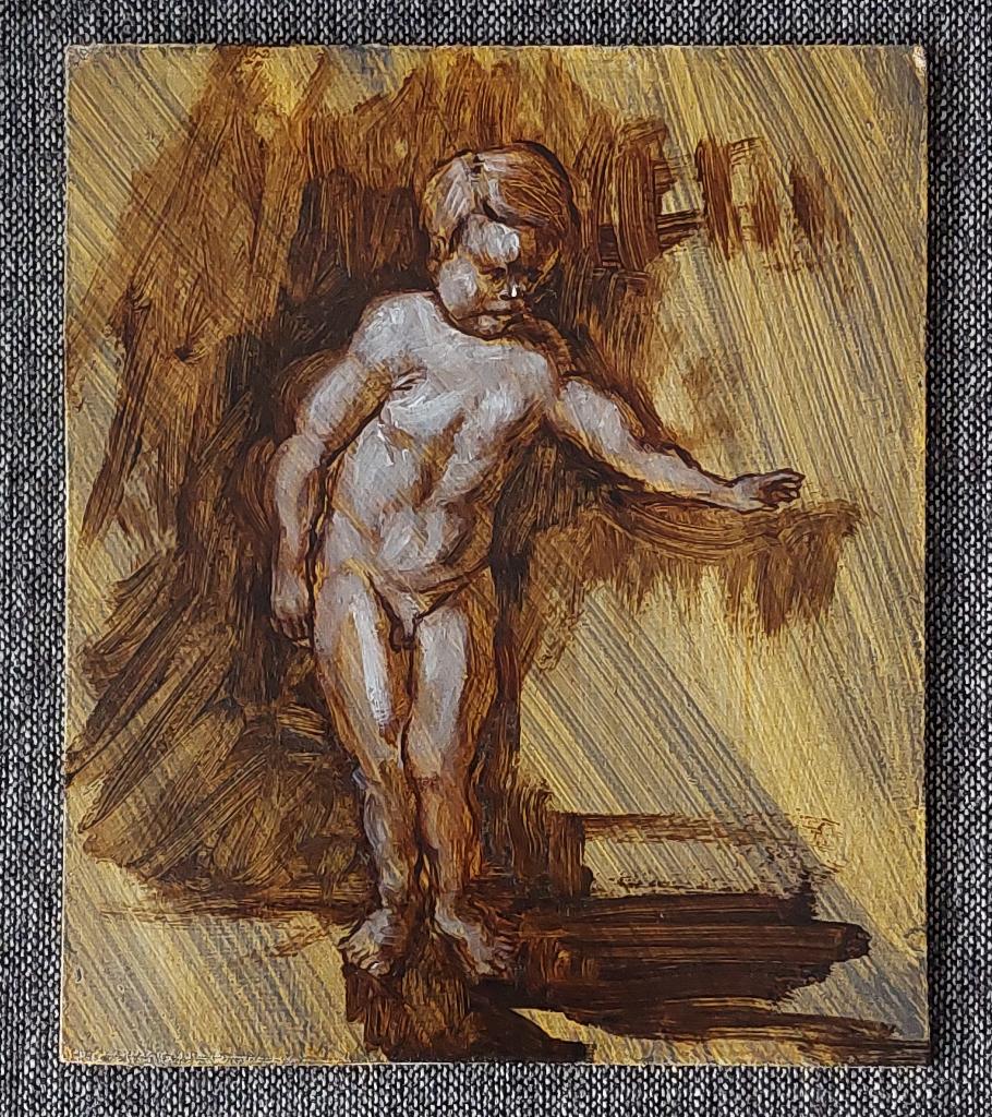 Studie in olieverf van een naakt jongetje (putto), Ophalen of Verzenden