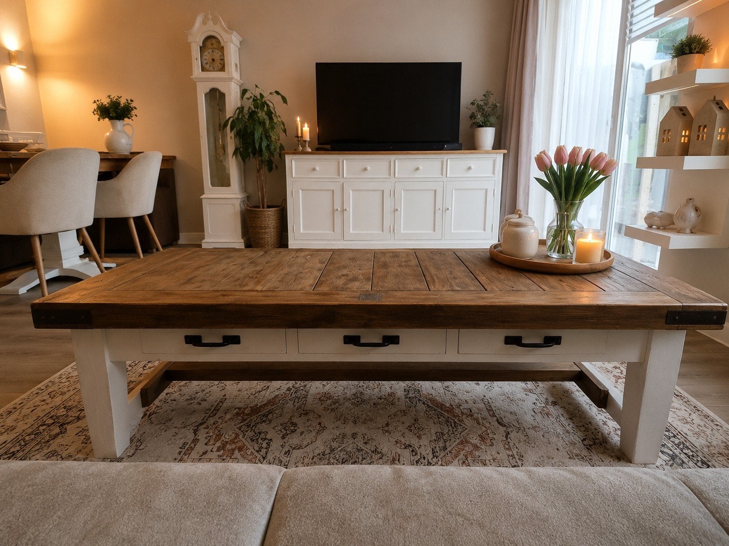 Riviera Maison Salontafel met Lades - Landelijke Stijl, Gebruikt, 100 tot 150 cm, Landelijke stijl, Overige houtsoorten