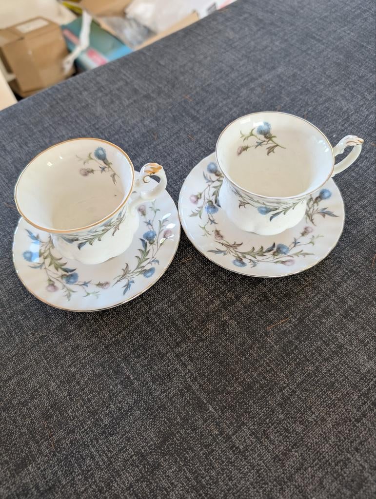 2 kop en schotels van Royal Albert (Brigadoon), Ophalen of Verzenden, Zo goed als nieuw, Porselein, Kop en/of schotel