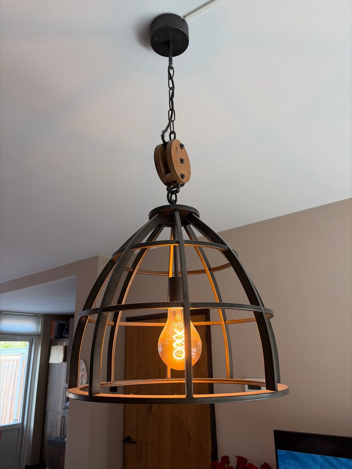 Industriële hanglamp met katrol  merk chericoni Aperto, Ophalen, Zo goed als nieuw, Hout, 75 cm of meer