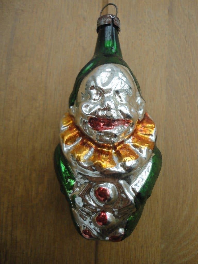 Mooie oude glazen kerstbal clown met een grote kraag, Diversen, Ophalen of Verzenden, Gebruikt