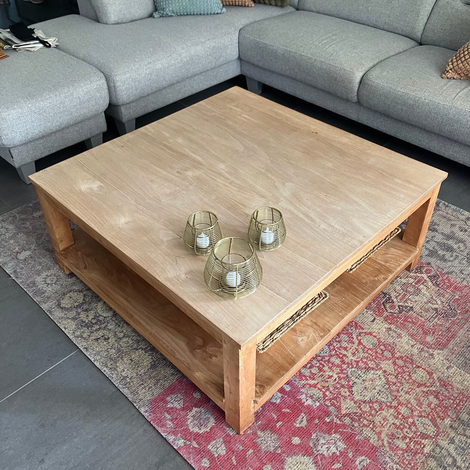 Vierkante teakhouten salontafel 100x100 cm, Ophalen, Gebruikt, 50 tot 100 cm, 50 tot 100 cm