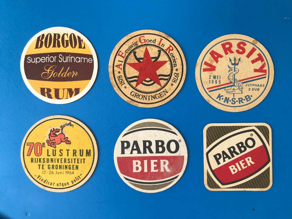 6 oude bierviltjes, Ophalen of Verzenden, Gebruikt, Viltje(s), Overige merken
