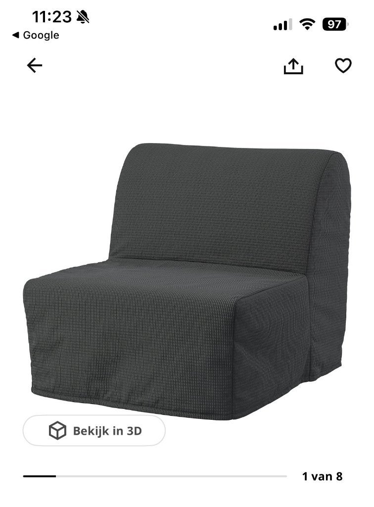 Ikea slaapfauteuil - donkergrijs, Ophalen, Eenpersoons, 190 cm of minder, Zo goed als nieuw