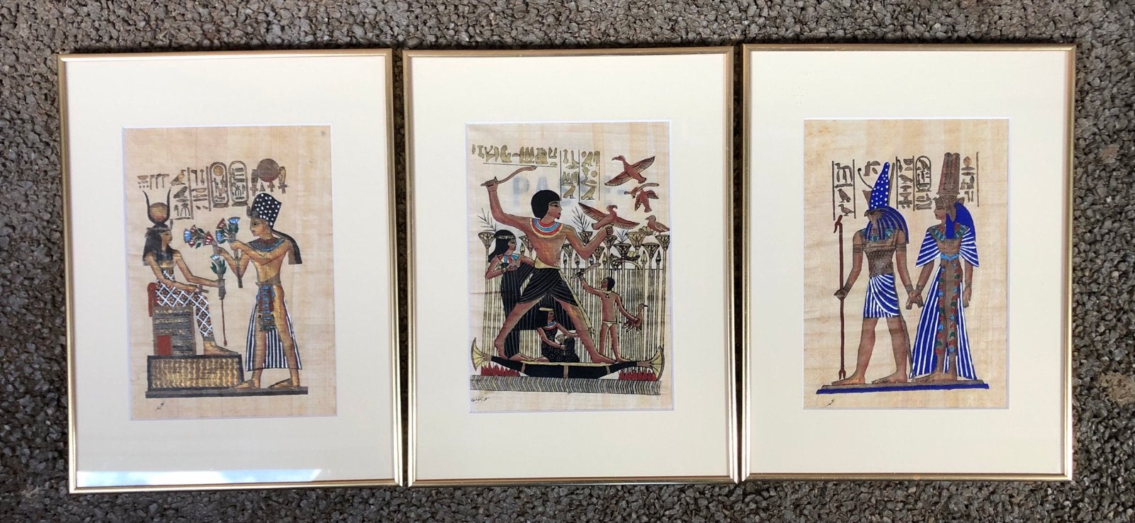 Set van 3 ingelijste Egyptische papyrus schilderijen, Schilderij, Ophalen of Verzenden, Papier/karton, Meerkleurig