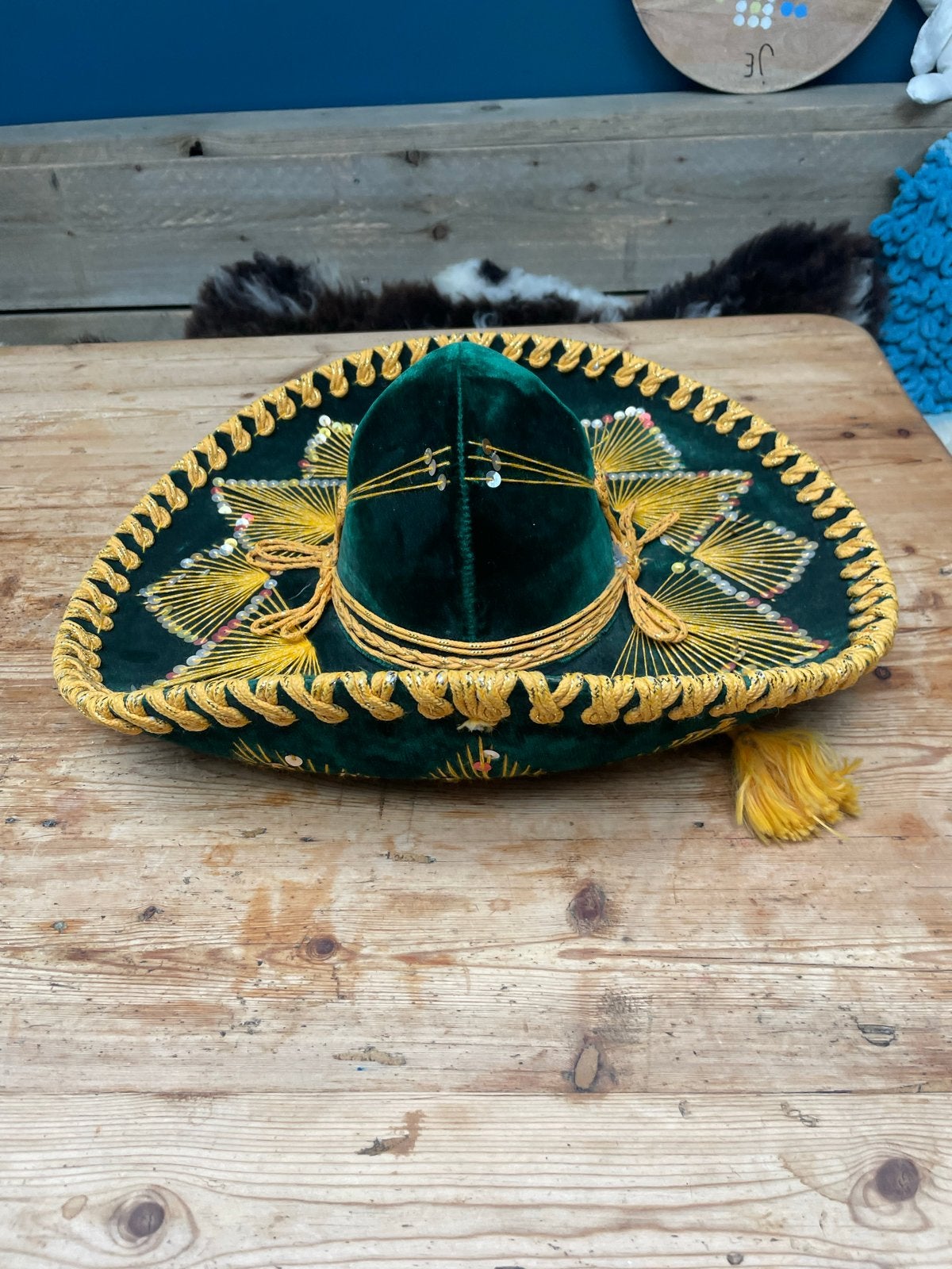 Salazar Mexicaanse Sombrero - Groen met Goud, Goede Staat, Ophalen, Zo goed als nieuw, One size fits all, Hoed