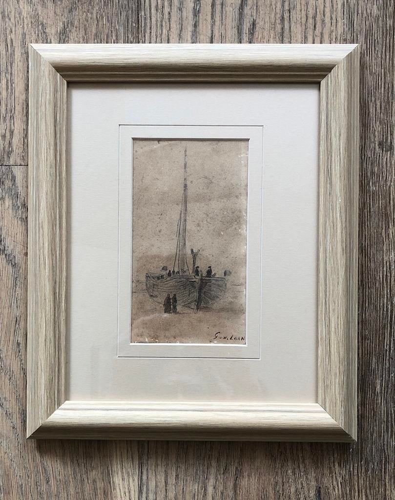 Gerard van der Laan tekening: strand, bomschuit, Ophalen of Verzenden