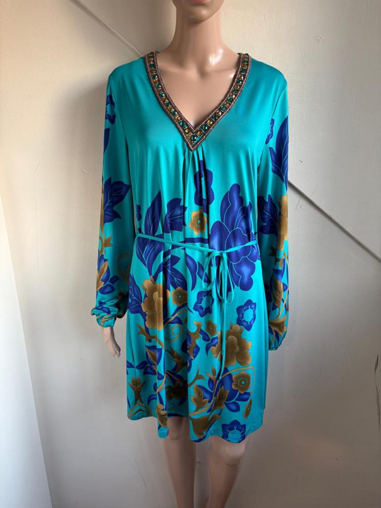 K-Design jurk maat L turquoise blauw met kralen, Maat 38/40 (M), Blauw, Ophalen of Verzenden, Zo goed als nieuw