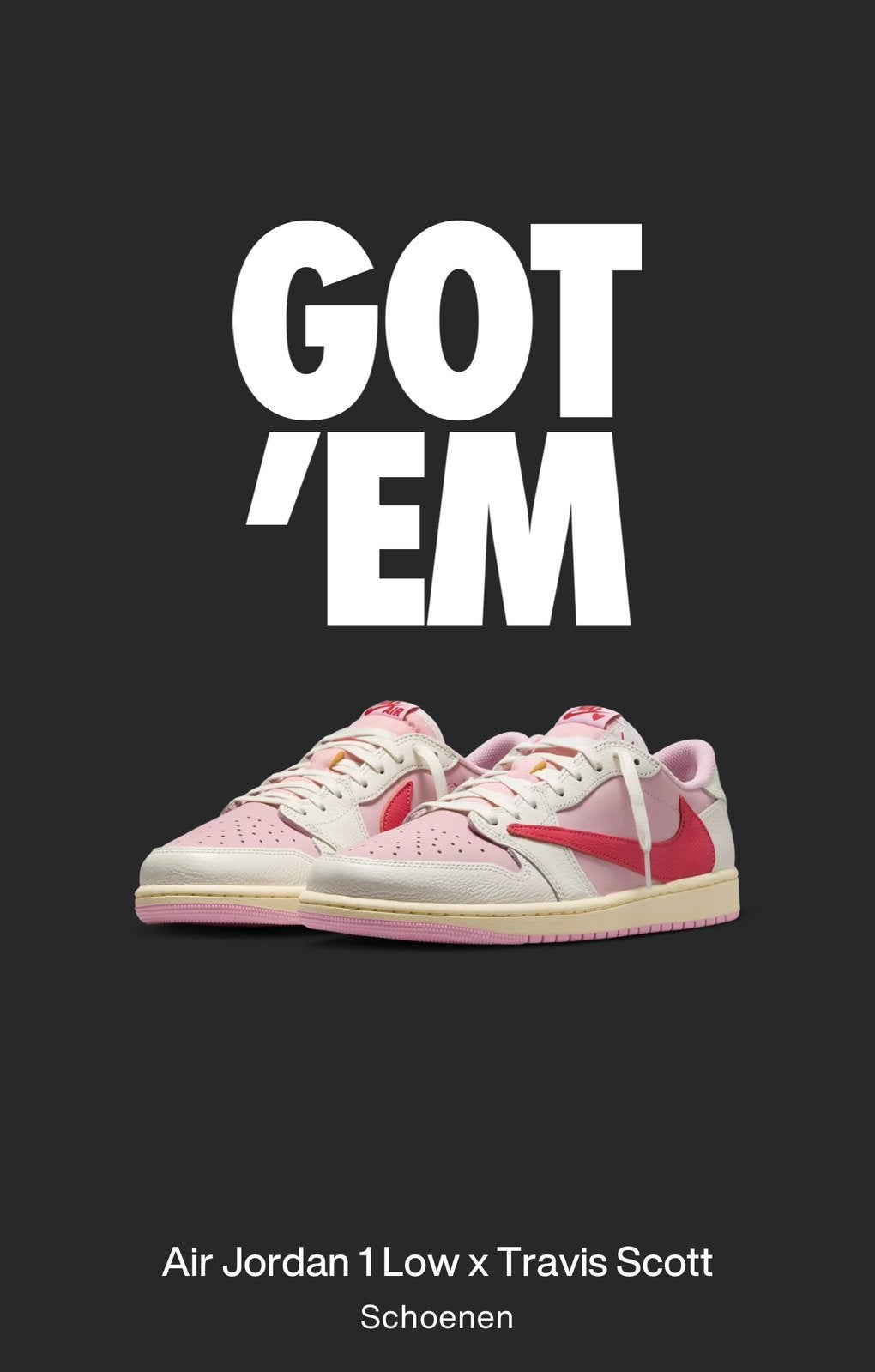 Air jordan 1 low travis scot - tropical pink maat 40,5, Nieuw, Ophalen of Verzenden, Sneakers of Gympen, Roze
