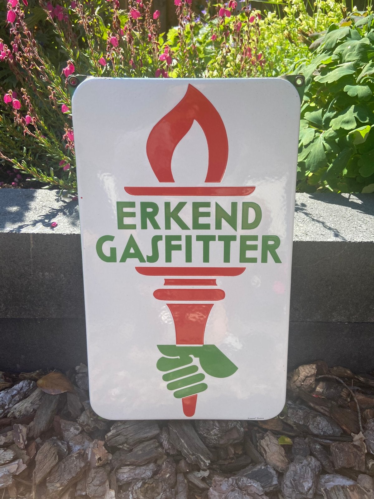Emaile bord erkend gasfitter. Lanccat. Ringetjes er nog in ., Ophalen, Zo goed als nieuw, Reclamebord