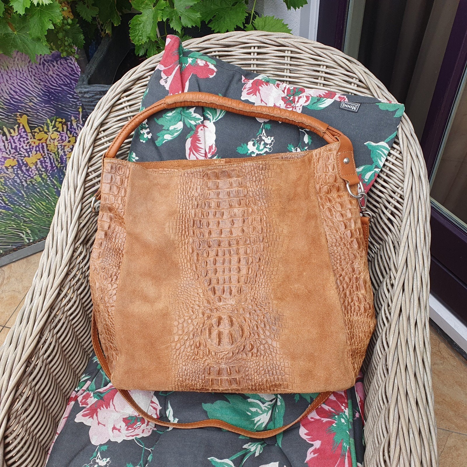 Prachtige Italiaanse leren bag met bag in bag krokodil leer, Ophalen of Verzenden, Bruin