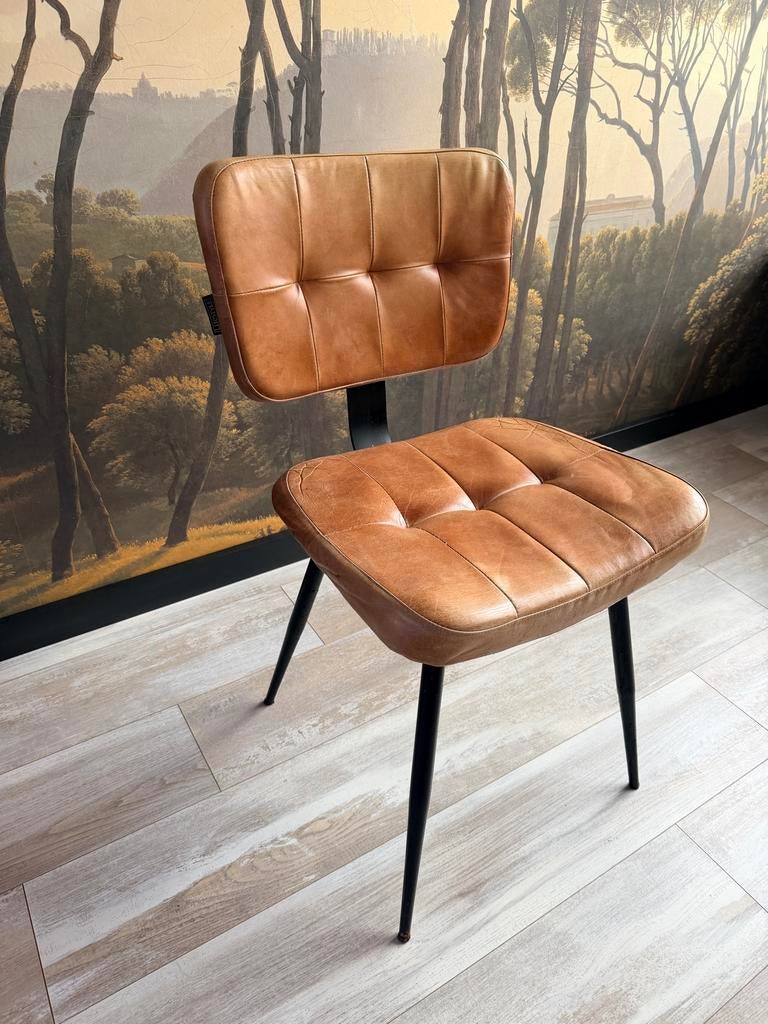 2 Stijlvolle industriële eetkamerstoelen cognac leder, Ophalen, Zwart, Leer, Zo goed als nieuw