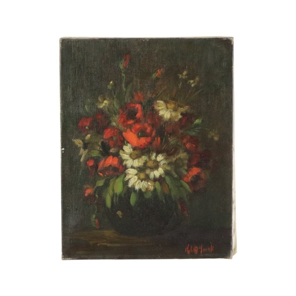 Bloemen Stilleven Schilderij Olie op Doek Amateur Gesigneerd, Bloemen, Doek, Ophalen of Verzenden, Gesigneerd