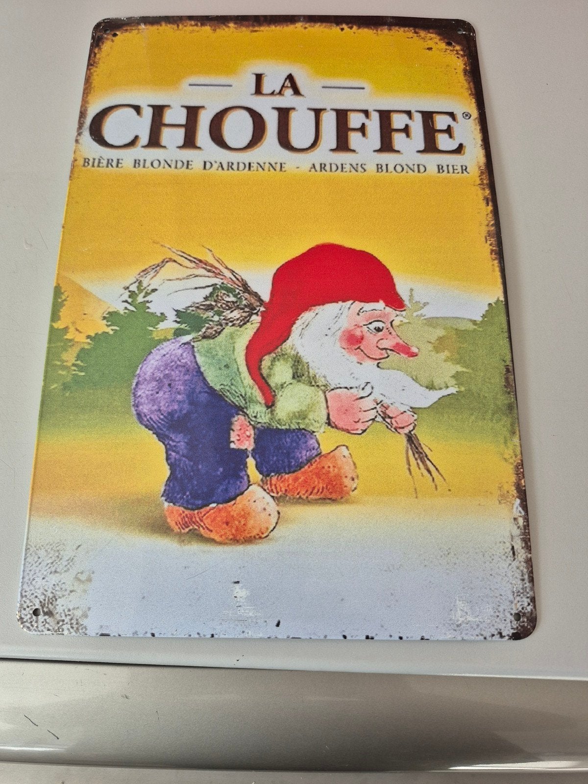La Chouffe Reclamebord - Vintage Bier Decoratie, Ophalen of Verzenden, Gebruikt, Reclamebord