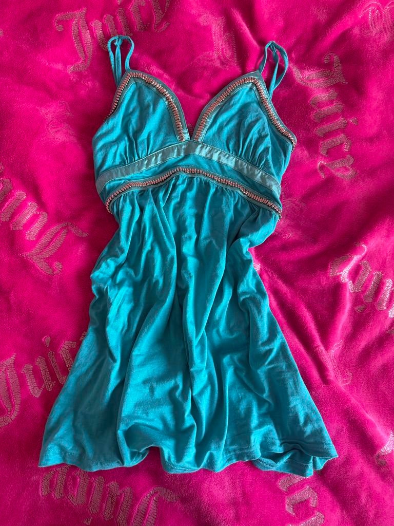 Vintage turquoise 2000s top met zilveren kraaltjes, Maat 38/40 (M), Blauw, Ophalen of Verzenden, Zo goed als nieuw