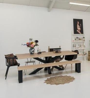 Massief eiken tafel met stalen kruispoot en bank, Ophalen, 100 tot 150 cm, Eikenhout, 200 cm of meer