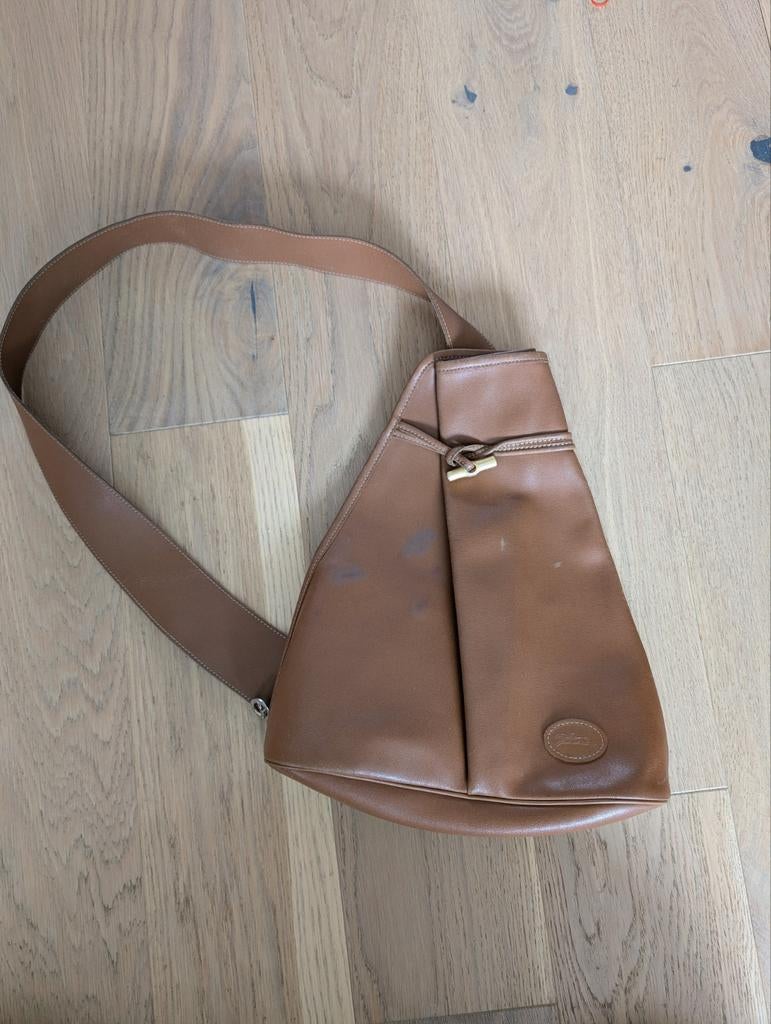 Longchamp schoudertas/sling bag - bruin leer, Overige merken, Gebruikt, Bruin, Ophalen of Verzenden