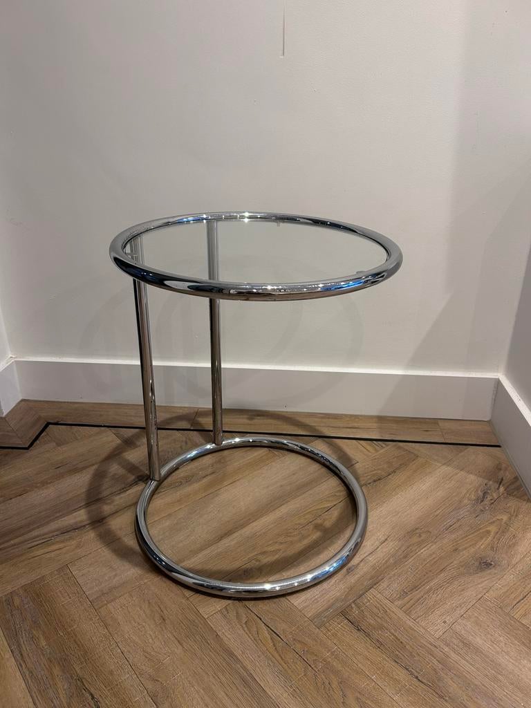 Glazen bijzettafel met chromen frame, Minder dan 55 cm, Gebruikt, Rond, Glas