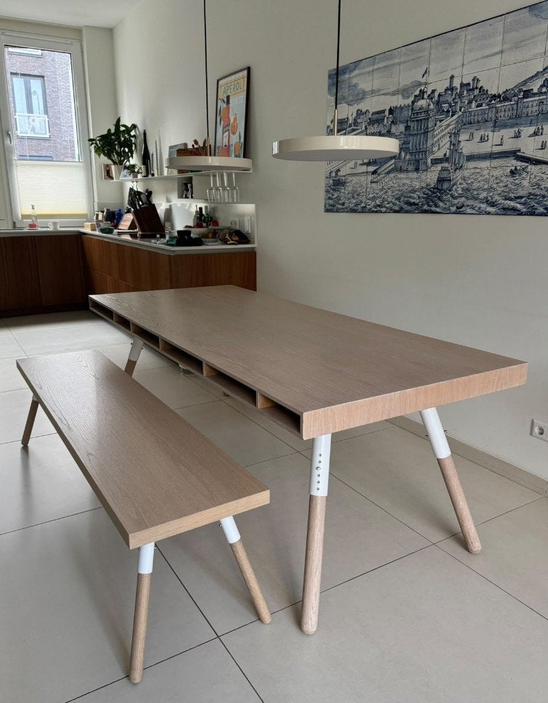 Spectrum Design Phill eettafel met bankje - White wash, Huis en Inrichting, Ophalen, 200 cm of meer, 50 tot 100 cm, Vijf personen of meer