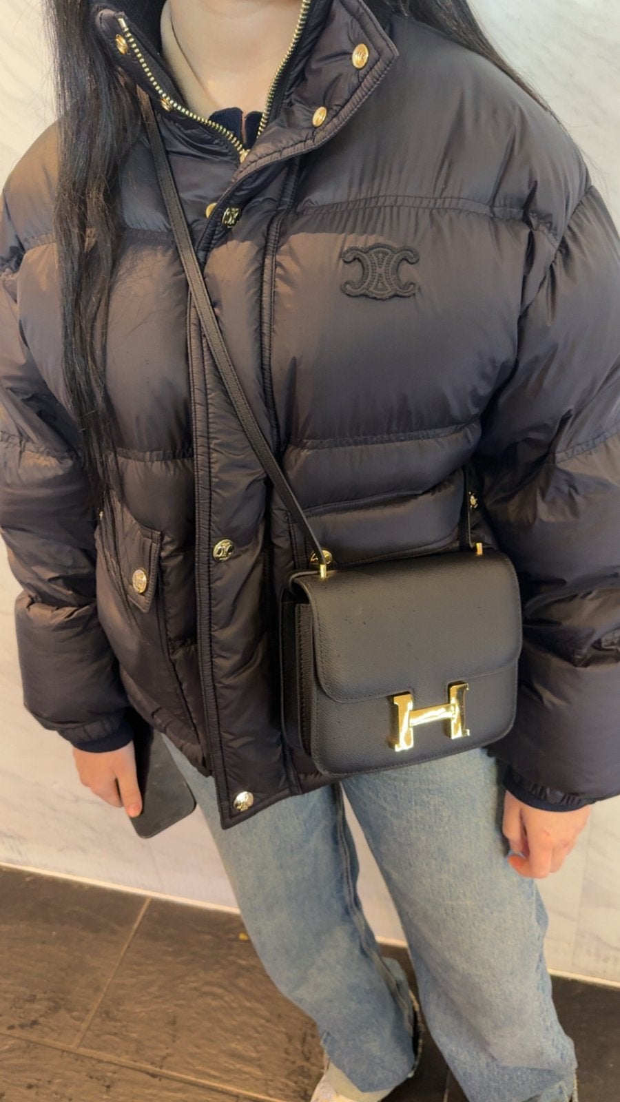 Zwarte Celine Puffer Jacket met Chinchilla Bont muts, Verzenden, Nieuw, Zwart