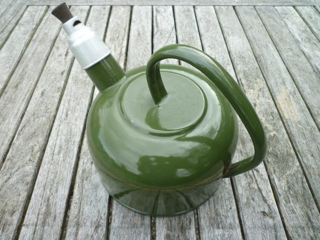 Oude donkergroen emaille fluitketel., Antiek en Kunst, Ophalen of Verzenden
