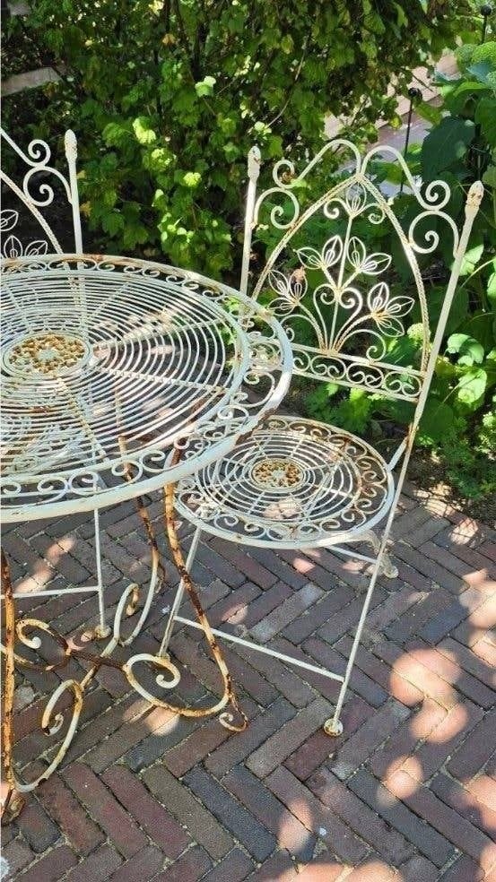 Brocante metalen tuinset: tafel + 4 inklapbare stoelen, Ophalen
