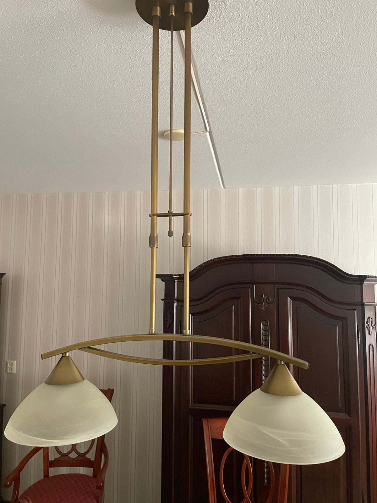 Elegante hanglamp met twee glazen kappen, Ophalen, Gebruikt, Glas, E27 (groot)