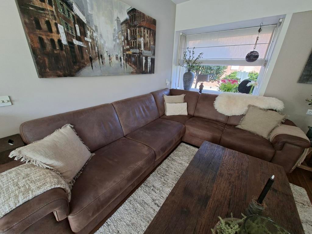 Luxe (geschuurd) rundlederen pocketvering hoekbank, Huis en Inrichting, Ophalen of Verzenden, Zo goed als nieuw, Leer