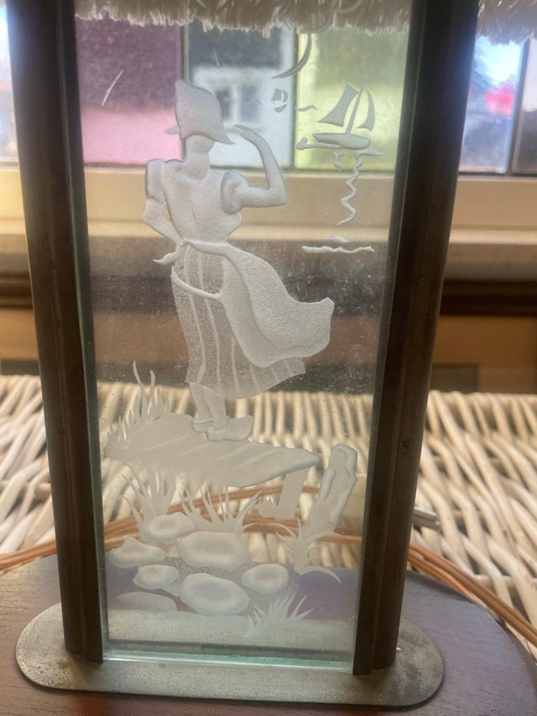 Antieke Art Deco Tafellamp met Geëtst Glas en Gehaakte Kap, Ophalen of Verzenden