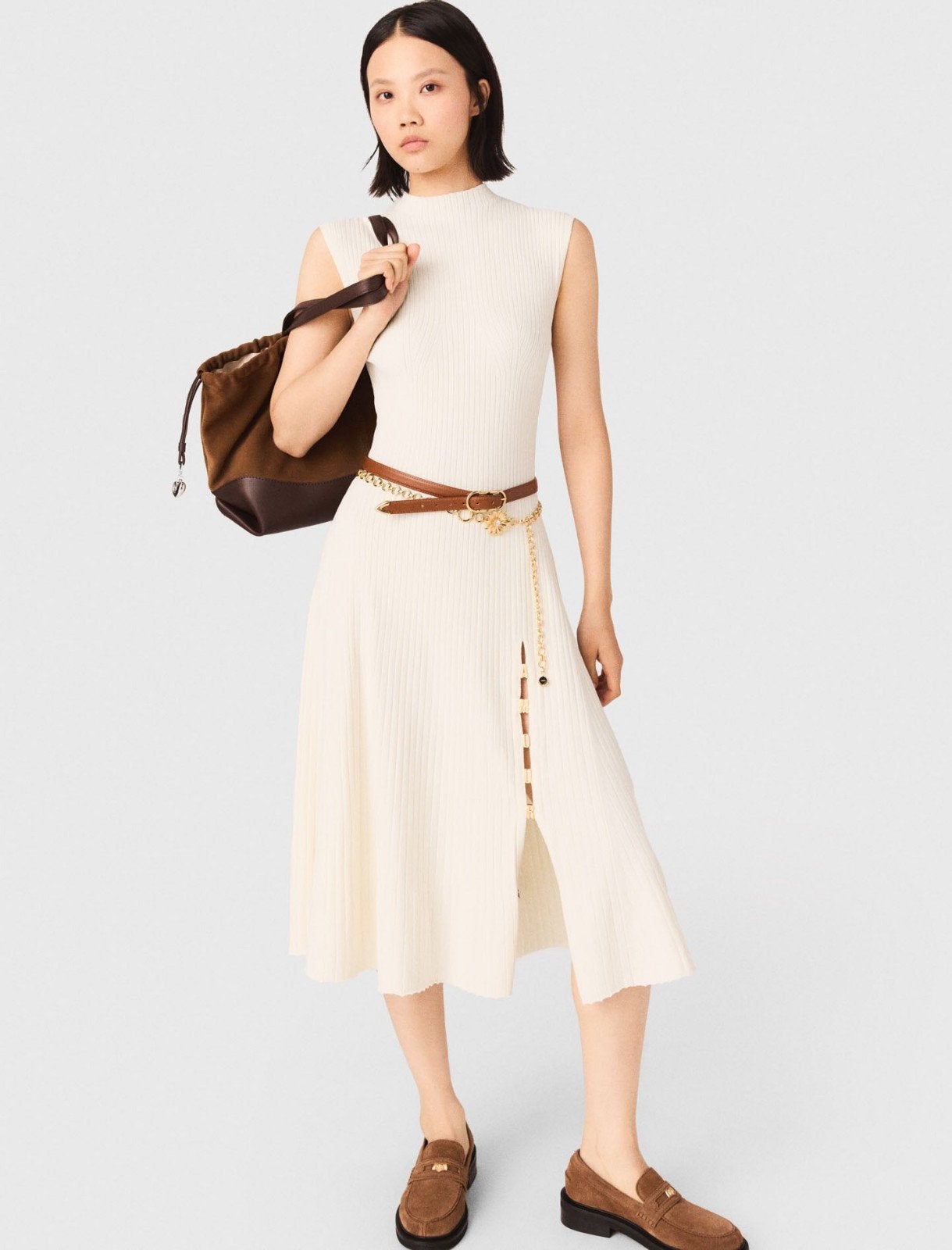 Maje geribbelde midi-jurk met split en knopen - Nieuw, Beige, Nieuw, Ophalen of Verzenden, Maje