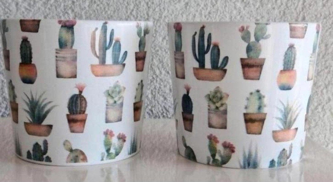 Twee Bloempotten met Cactus opdrukken, Rond, Ophalen of Verzenden, Aardewerk, Minder dan 40 cm