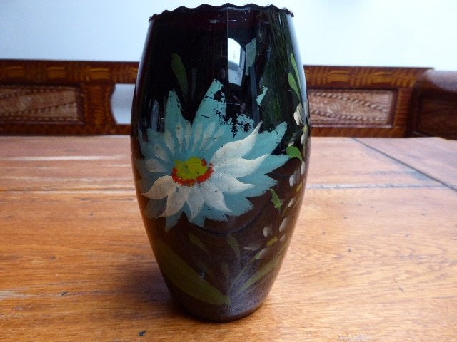 Art deco glazen vaasje met beschildering, Doyen