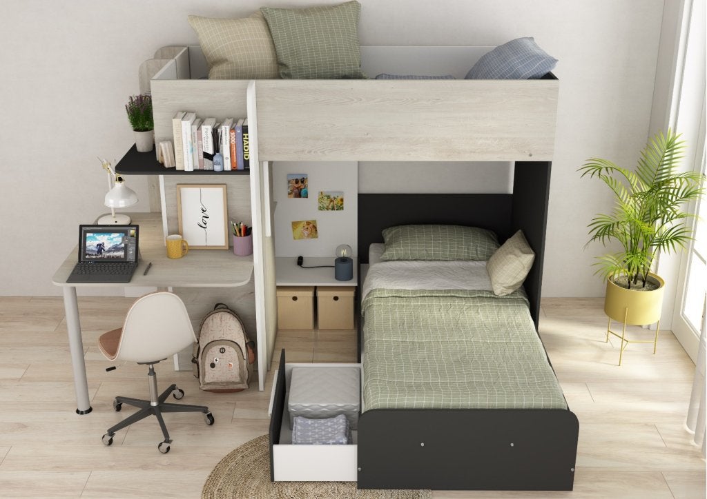 Palatino hoekstapelbed met bureau, kast en lade - 90x190 - W, Niet ingevuld, Niet ingevuld, Niet ingevuld