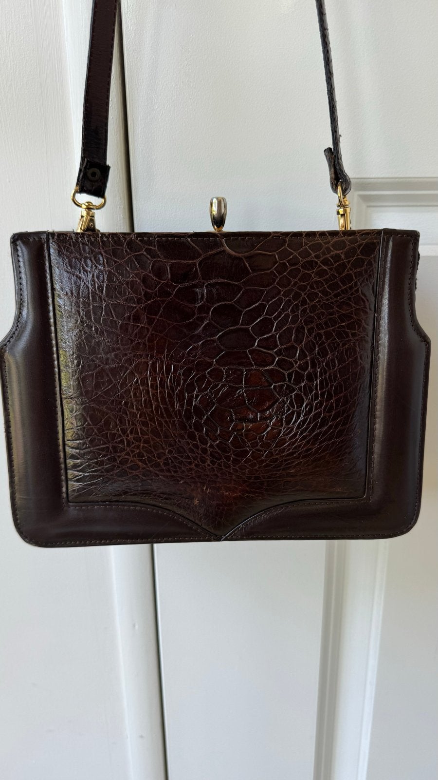 Vintage Donkerbruine Leren Tas met Slangenleer, Ophalen of Verzenden, Gebruikt, Bruin, Handtas