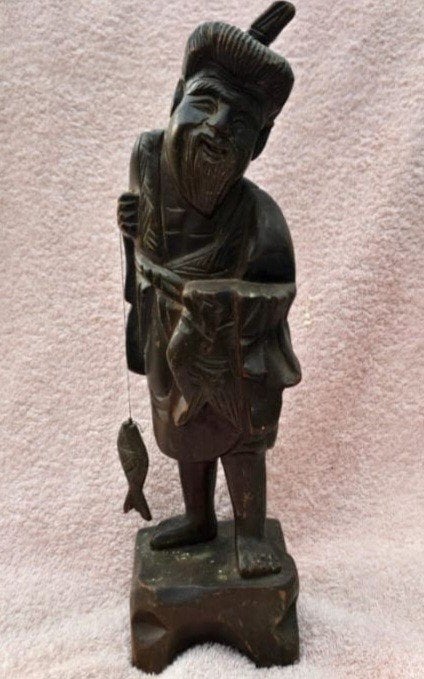 Antiek houten beeld van Ebisu, Japanse god van geluk, Antiek en Kunst, Ophalen, Hout, Houtsnijwerk