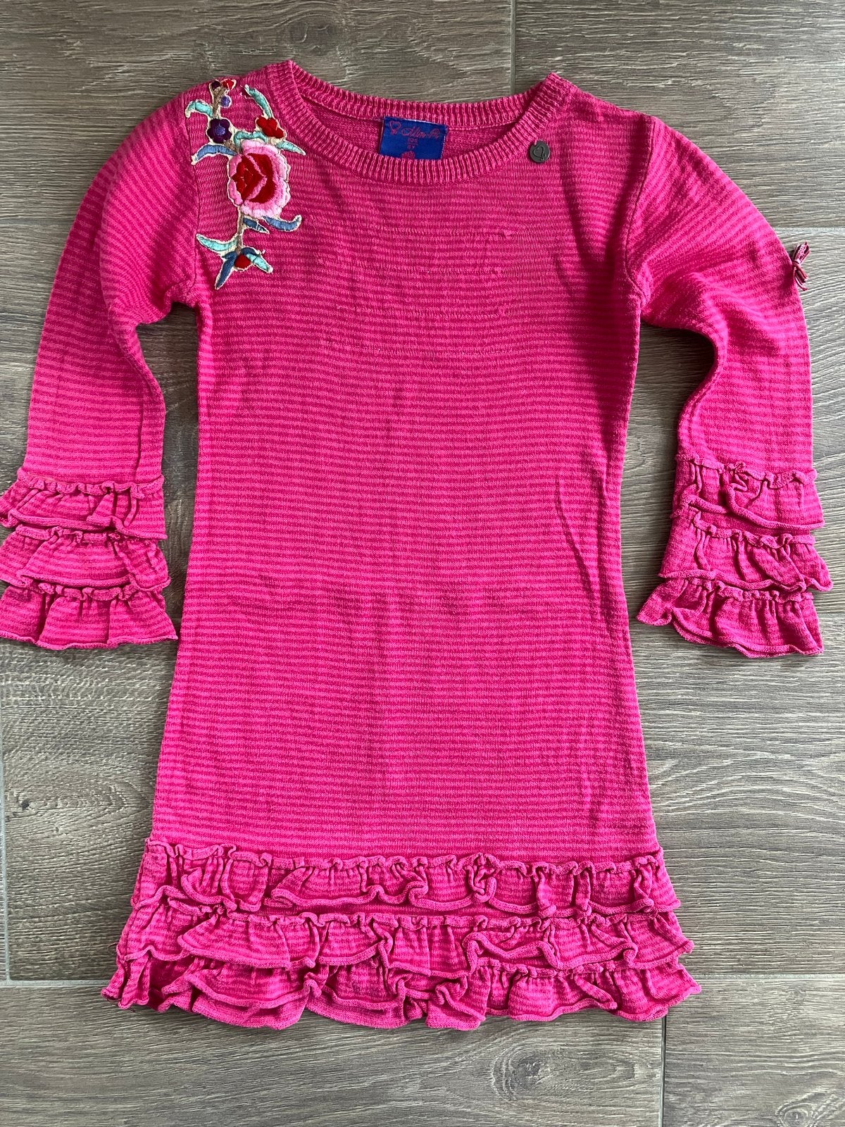 Roze jurk met ruches en borduursel - Mim-Pi 104, Kinderen en Baby's, Kinderkleding | Maat 104, Ophalen of Verzenden, Gebruikt