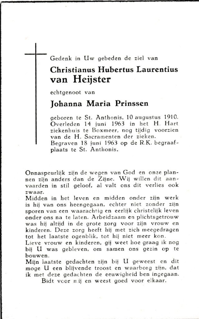 Heijster Christianus 1910 St Anthonis 1963 Boxmeer, Ophalen of Verzenden, Bidprentje