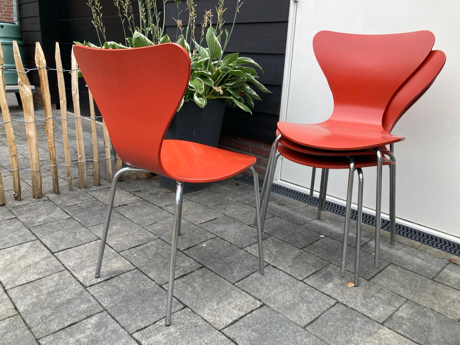 Set van 4 oranje /rood stoelen - Gebruikt, Ophalen, Gebruikt, Vier, Rood